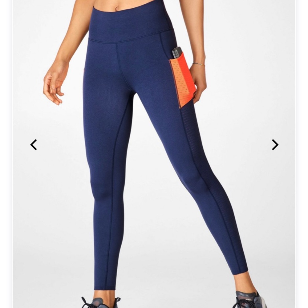 Fabletics Navy sculptknit Leggings with Orange Pocket Medium regular length